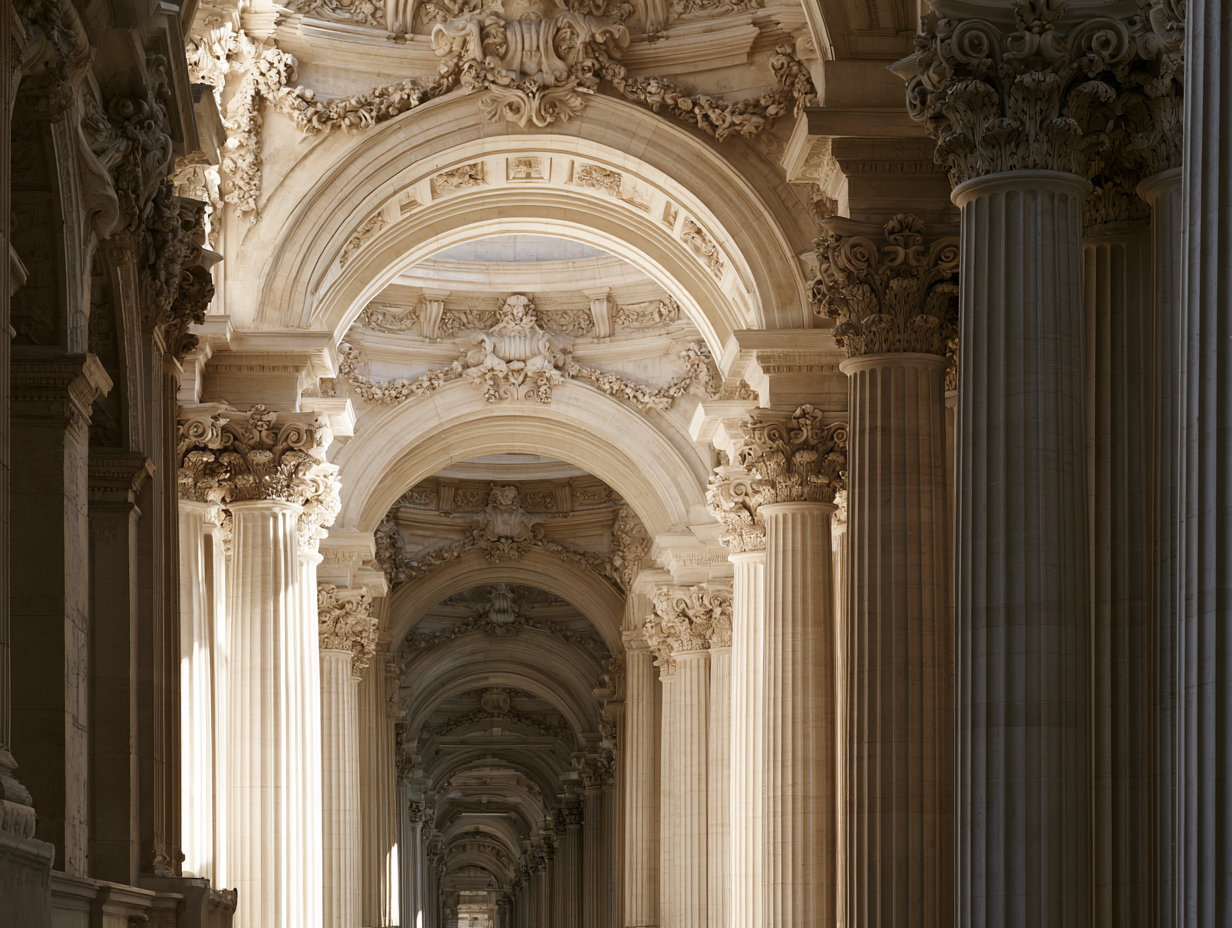The Colonnade at Aldermere Court: a receding arcade of fluted stone columns and carved arches in warm daylight