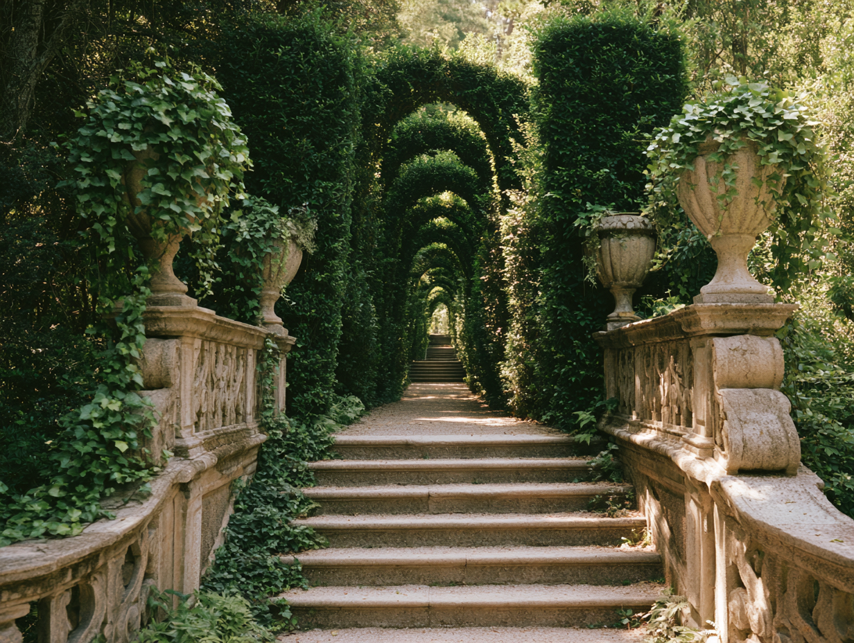 A worn stone staircase at Verdant Hollow climbing between ivy-covered balustrades and clipped yew arches into deep green shade