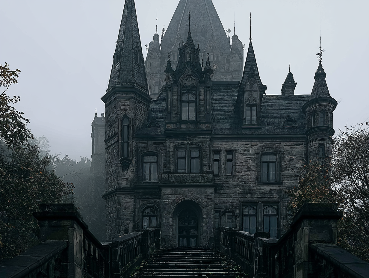 The Nocturne Quarter in fog: a dark gothic hall of turrets and steep slate roofs at the head of a long stone stair