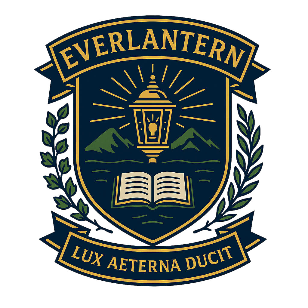 Everlatern Academy crest - a lantern above an open book, gold on navy