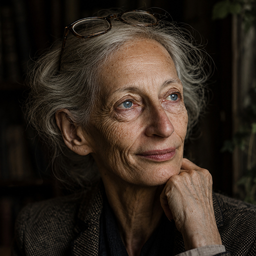 Professor Rosalind Ashdown, Chair of Tongues and Testaments, photographed at her desk in the Nocturne Quarter library