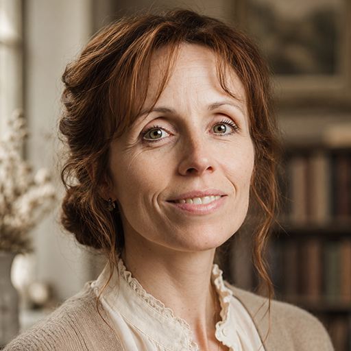 Professor Louisa Byrne, Chair of Verse and Margins, photographed in the sunlit library of Aldermere Court