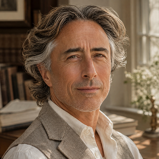 Professor Felix Roussel, Chair of Colour and Cadence, photographed by a sunlit studio window at Aldermere Court