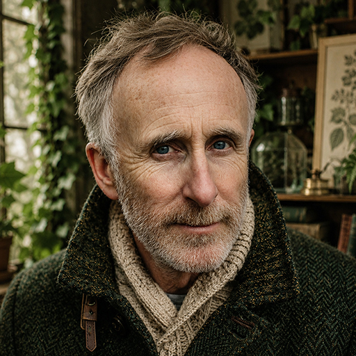 Professor Emrys Standish, Chair of Roots and Legends, photographed in a tweed coat among ivy and botanical prints