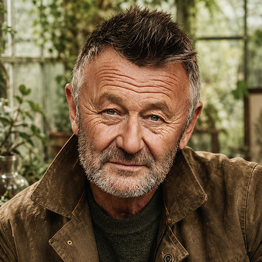 Professor Osian Thistlewood, Chair of Leaf and Spore, photographed in a worn field jacket inside a plant-filled glasshouse