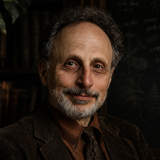 Professor Baltasar Voss, Chair of Reason and Riddle, photographed at his desk in lamplight before a chalked blackboard