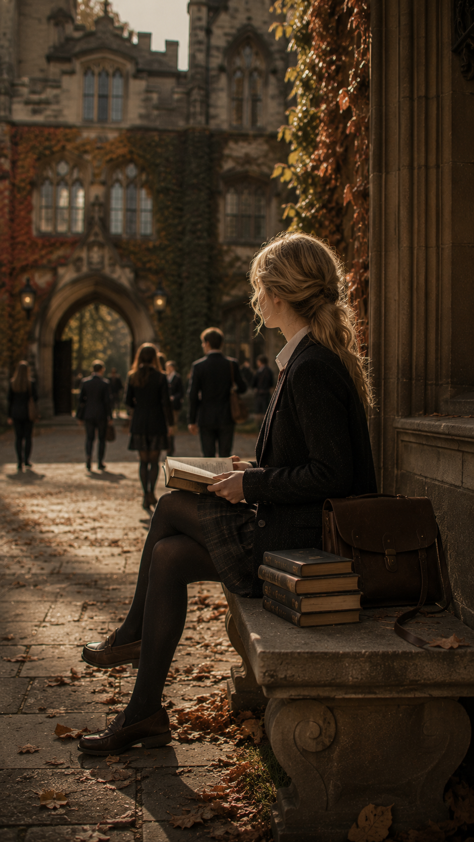 A student reading on a stone bench in the Academy courtyard, autumn leaves underfoot